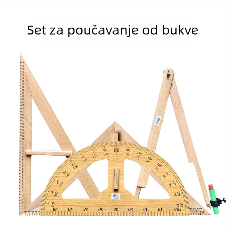 Drveni set s trokutastim pravilo, protractorom i kompasom za učenje; komponente: protractor, trokutasto pravilo, kompas; materijal: drvo; neto težina: protractor 275 g, trokutasto pravilo 530 g, kompas 225 g; pakiranje: 50 komada