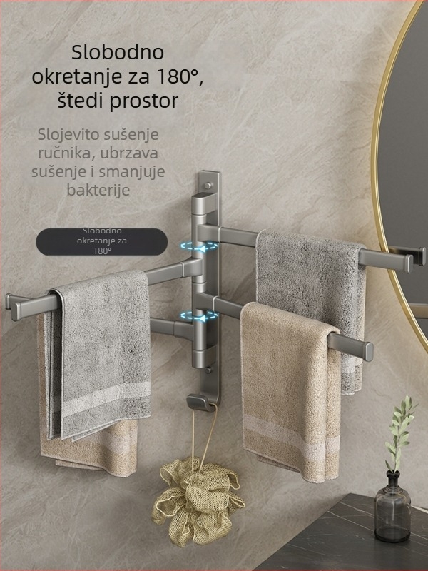 Aluminijski držač za ručnike s 5 etaža, rotirajući i sklopivi, montaža bez bušenja, nosivost 10 kg