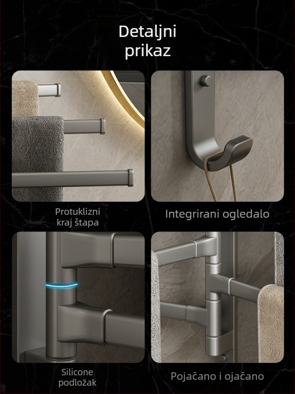 Aluminijski držač za ručnike s 5 etaža, rotirajući i sklopivi, montaža bez bušenja, nosivost 10 kg