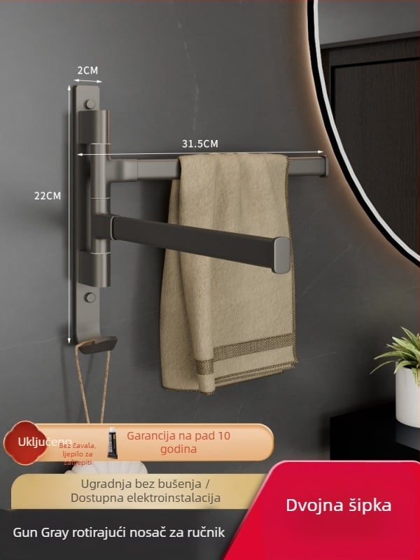 Aluminijski držač za ručnike s 5 etaža, rotirajući i sklopivi, montaža bez bušenja, nosivost 10 kg