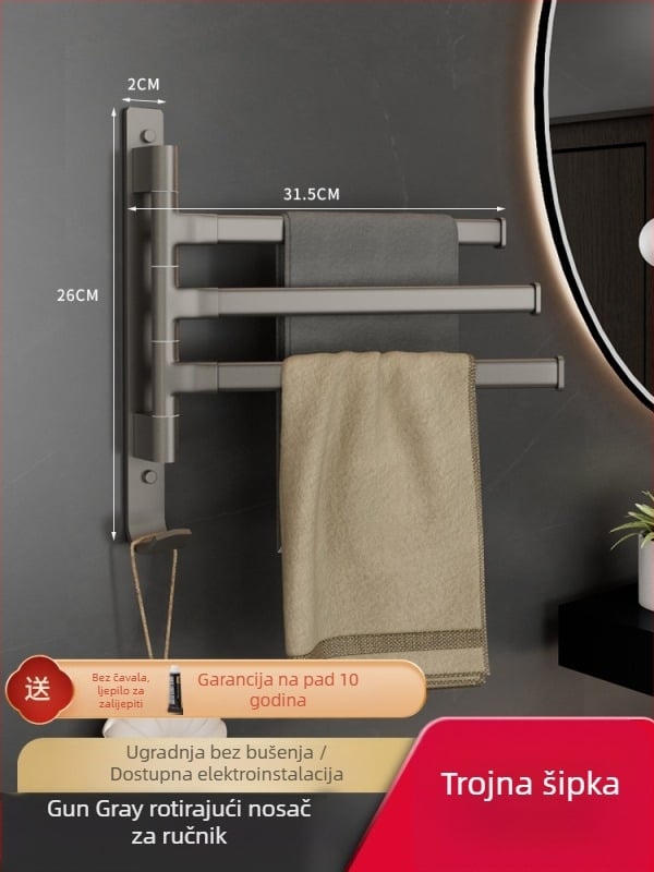 Aluminijski držač za ručnike s 5 etaža, rotirajući i sklopivi, montaža bez bušenja, nosivost 10 kg