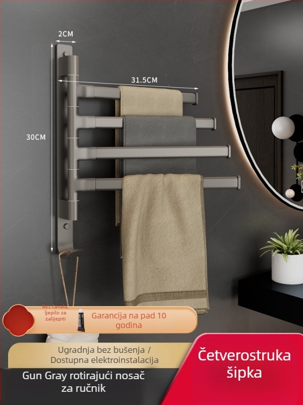 Aluminijski držač za ručnike s 5 etaža, rotirajući i sklopivi, montaža bez bušenja, nosivost 10 kg