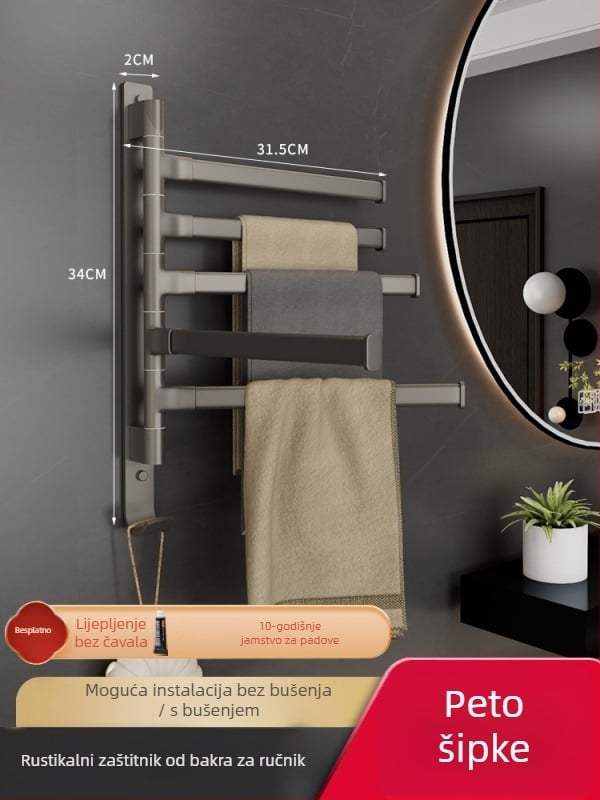 Aluminijski držač za ručnike s 5 etaža, rotirajući i sklopivi, montaža bez bušenja, nosivost 10 kg