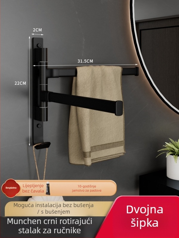 Aluminijski držač za ručnike s 5 etaža, rotirajući i sklopivi, montaža bez bušenja, nosivost 10 kg