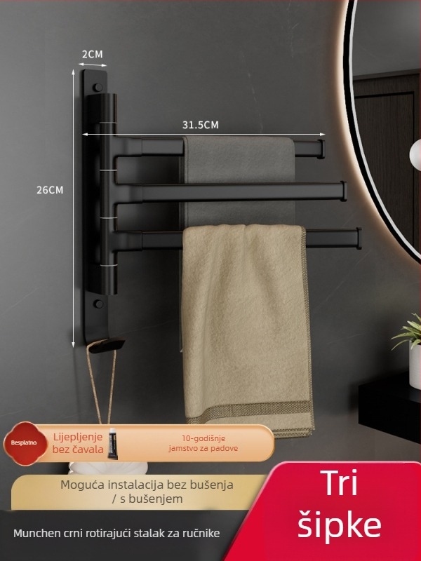 Aluminijski držač za ručnike s 5 etaža, rotirajući i sklopivi, montaža bez bušenja, nosivost 10 kg