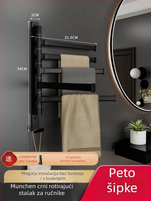 Aluminijski držač za ručnike s 5 etaža, rotirajući i sklopivi, montaža bez bušenja, nosivost 10 kg