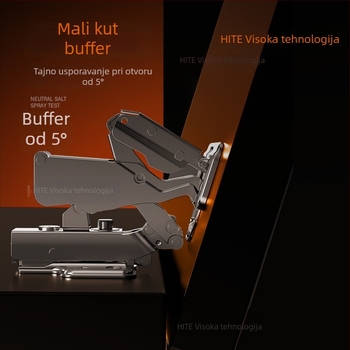 Šarka za ormar s hidraulickim damprom, široki kut 165°/180°, dvostupanjskog djelovanja, tiha operacija, hladno valjani čelik s bakrenim dnom