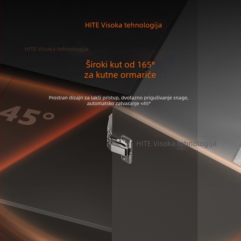 Šarka za ormar s hidraulickim damprom, široki kut 165°/180°, dvostupanjskog djelovanja, tiha operacija, hladno valjani čelik s bakrenim dnom