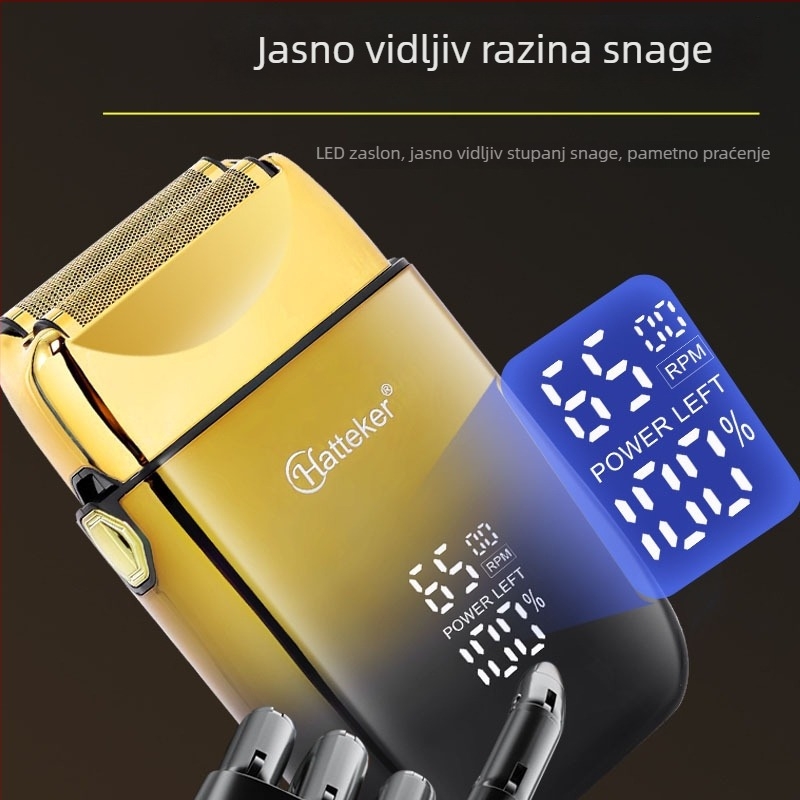 Električni brijač s dvostrukom glavom i povratnim hodom, LED zaslon, funkcija pranja cijelog tijela, ugrađena baterija 1200–2000 mAh, trajanje 60+ minuta