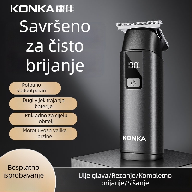 Konka mali prijenosni uređaj za šišanje kose – punjiv, bezčetkasti motor, oštrice od nehrđajućeg čelika, uklonjiva i periva glava, ugrađena baterija 300–500 mAh, radno vrijeme 1–3 sata