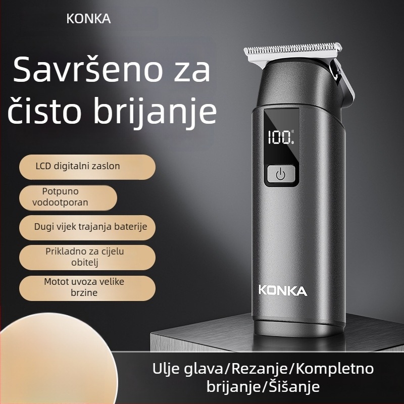 Konka mali prijenosni uređaj za šišanje kose – punjiv, bezčetkasti motor, oštrice od nehrđajućeg čelika, uklonjiva i periva glava, ugrađena baterija 300–500 mAh, radno vrijeme 1–3 sata