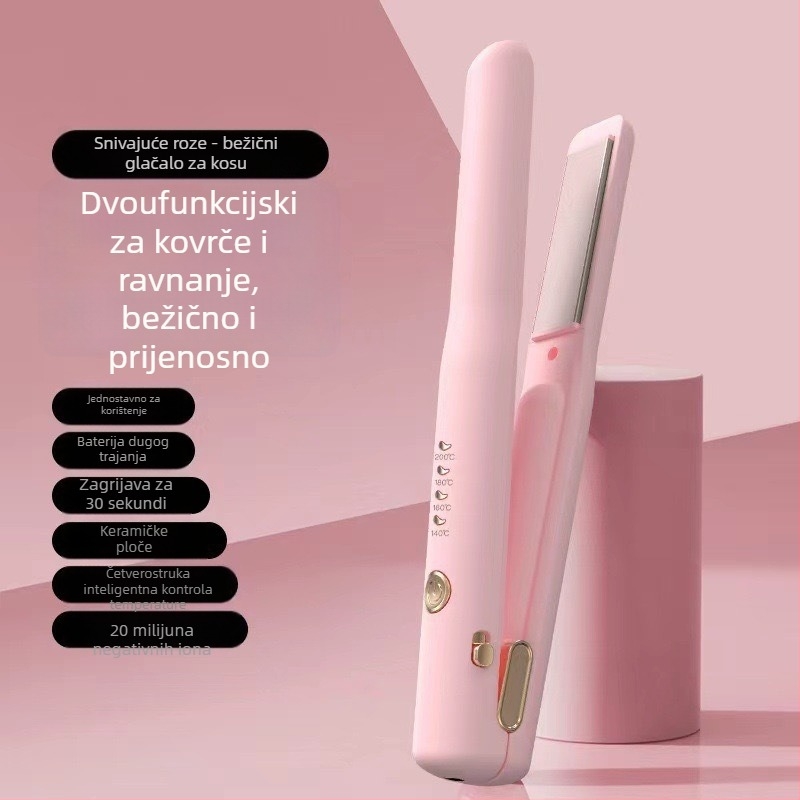 Mini bežični peglanje kose i uvijač, turmalinsko-keramičke pločice (promjer ploča 16–20 mm; 22W; 5V; bežično punjenje)