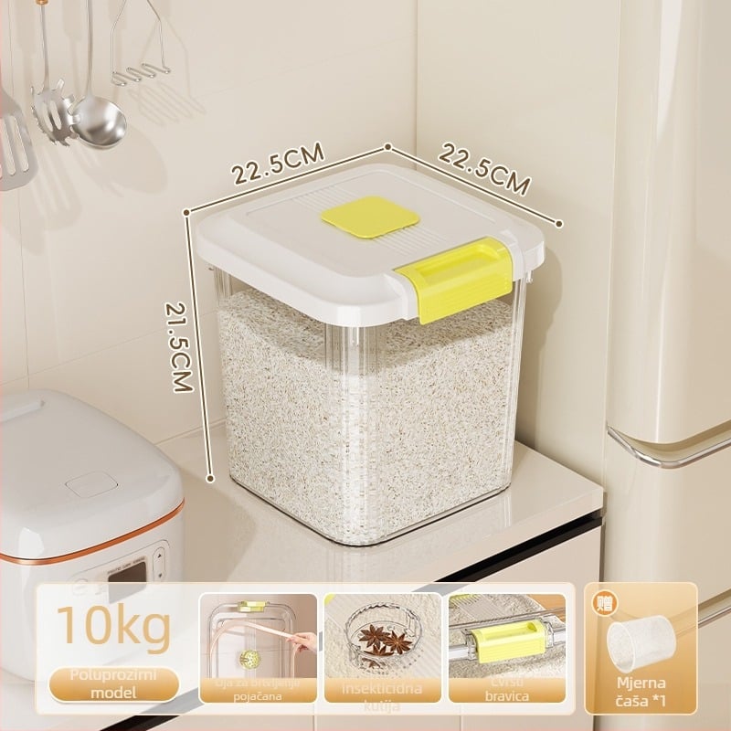 Kutija za skladištenje riže, PP plastika, kapacitet 8–9 L, zatvarač za sprječavanje vlage i insekata, pogodna za rižu, tjesteninu i žitarice