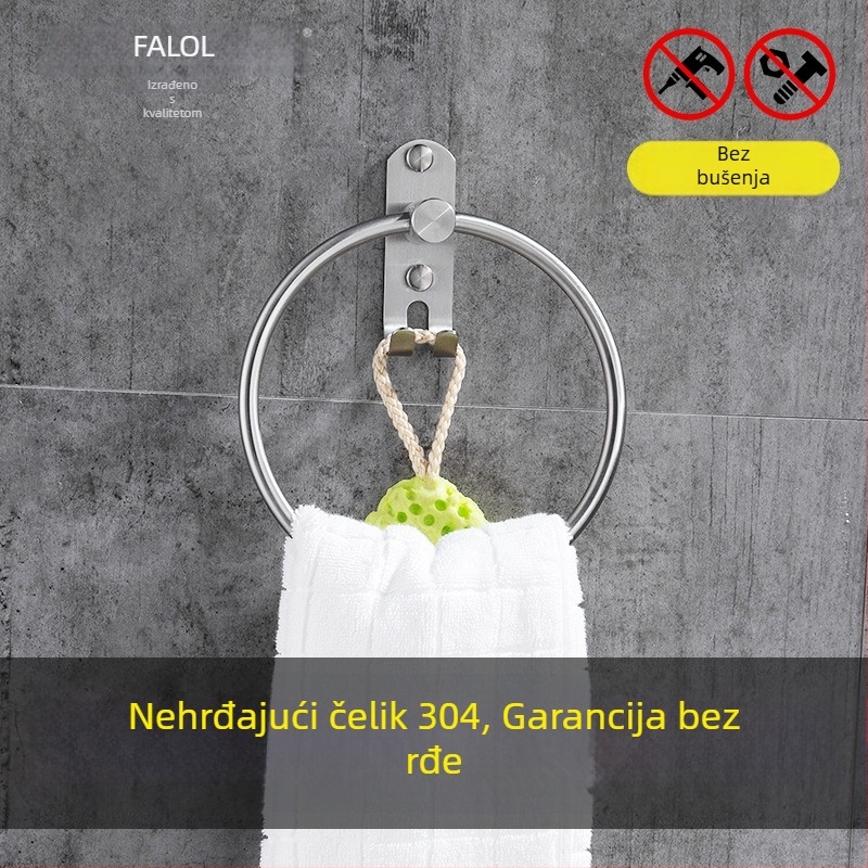 Držač ručnika s kukom i prstenom – 304 nehrđajući čelik, prirodni završni premaz, zidni montažni, nosivost 20 kg, jednoslojni, novi kineski stil