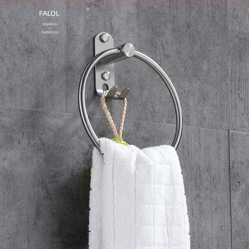 Držač ručnika s kukom i prstenom – 304 nehrđajući čelik, prirodni završni premaz, zidni montažni, nosivost 20 kg, jednoslojni, novi kineski stil