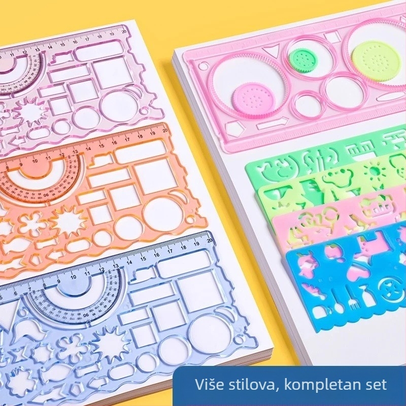 Set od 6 ravnala za učenike osnovne škole, uključuje valovito ravnalo, ravnalo i šablone za ručno pisane izvještaje (Materijal: Plastika; Oblik: Ravnalo; Kategorija proizvoda: centimetarska ravnala)