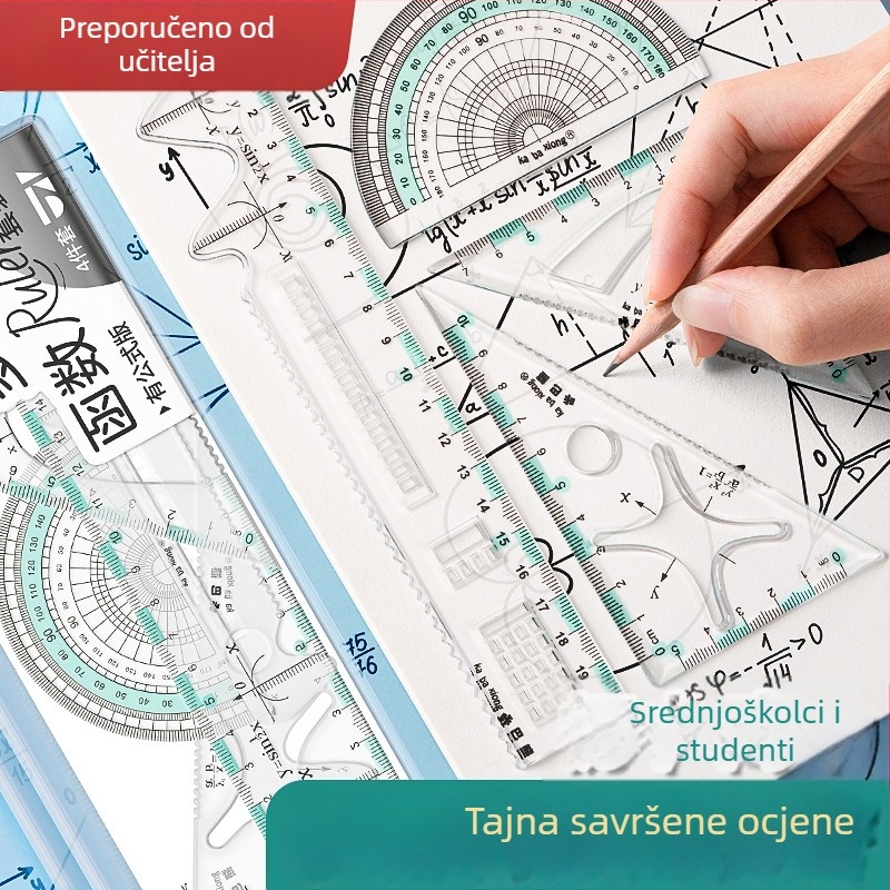 Višefunkcionalni set ravnala za osnovnoškolce: uključuje ravnalo, trokut i kutomjer; plastična konstrukcija; pakirano u kutiji; otisnut logo; mogućnost prilagodbe