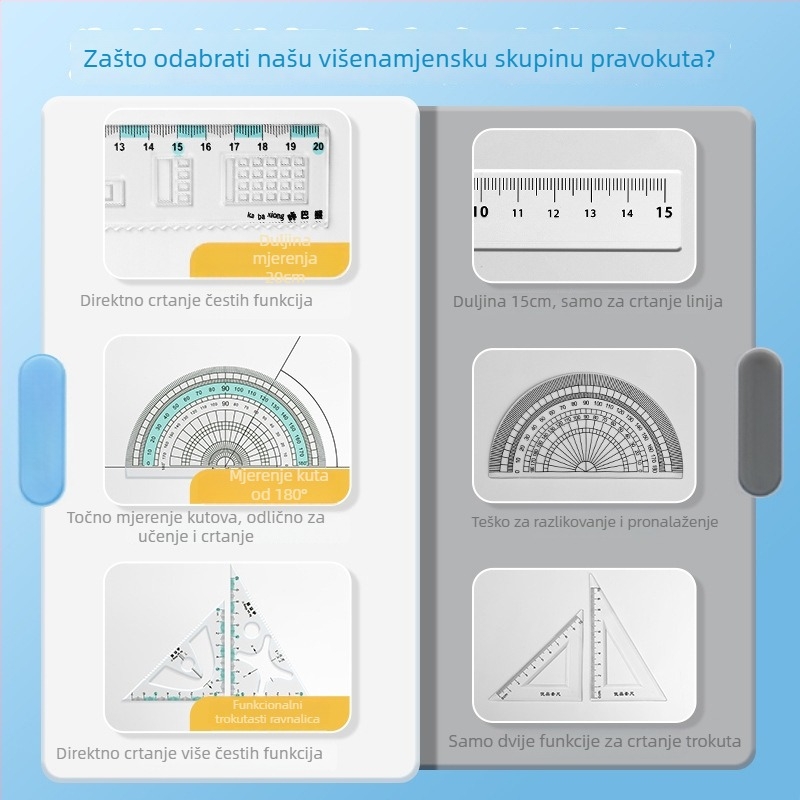 Višefunkcionalni set ravnala za osnovnoškolce: uključuje ravnalo, trokut i kutomjer; plastična konstrukcija; pakirano u kutiji; otisnut logo; mogućnost prilagodbe