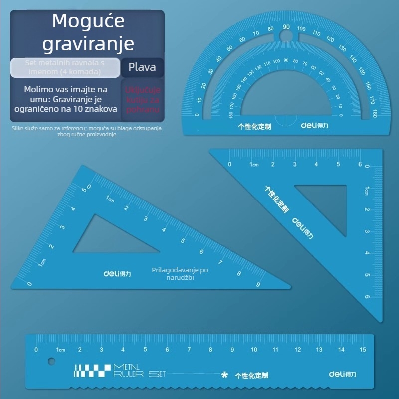 Set trokutastih pravila za osnovnu školu, metalni, personalizirano graviranje, aluminijeva zlitina, prvi i drugi razred