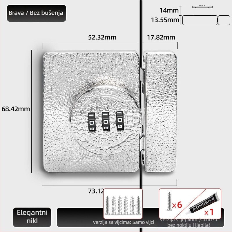 Brava za ormar bez bušenja, kombinacijska brava 83-11, cinkov legura, brenda Jiadicheng, prikladno za vrata i ladice ormara
