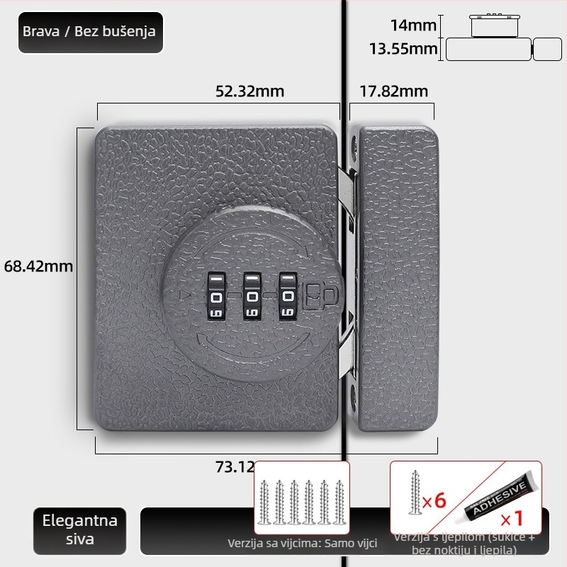 Brava za ormar bez bušenja, kombinacijska brava 83-11, cinkov legura, brenda Jiadicheng, prikladno za vrata i ladice ormara