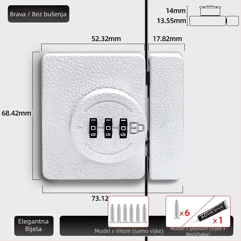 Brava za ormar bez bušenja, kombinacijska brava 83-11, cinkov legura, brenda Jiadicheng, prikladno za vrata i ladice ormara