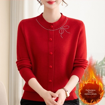 Pletena dukserica s kapuljom za zrelije žene, fleksi podstava, okrugli vrat, dugi rukav, ležeran kroj, uzorak mašnica, poliester vlakno 80–90%