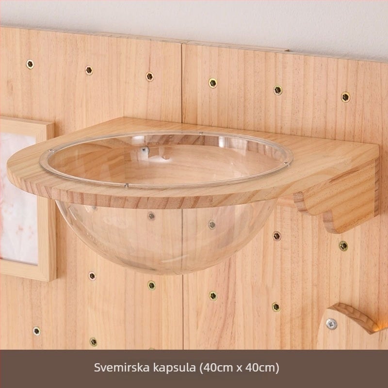 Drvena mačja zidna penjačica s integriranim skrovištem i policom, jednostavan stil, bez bušenja