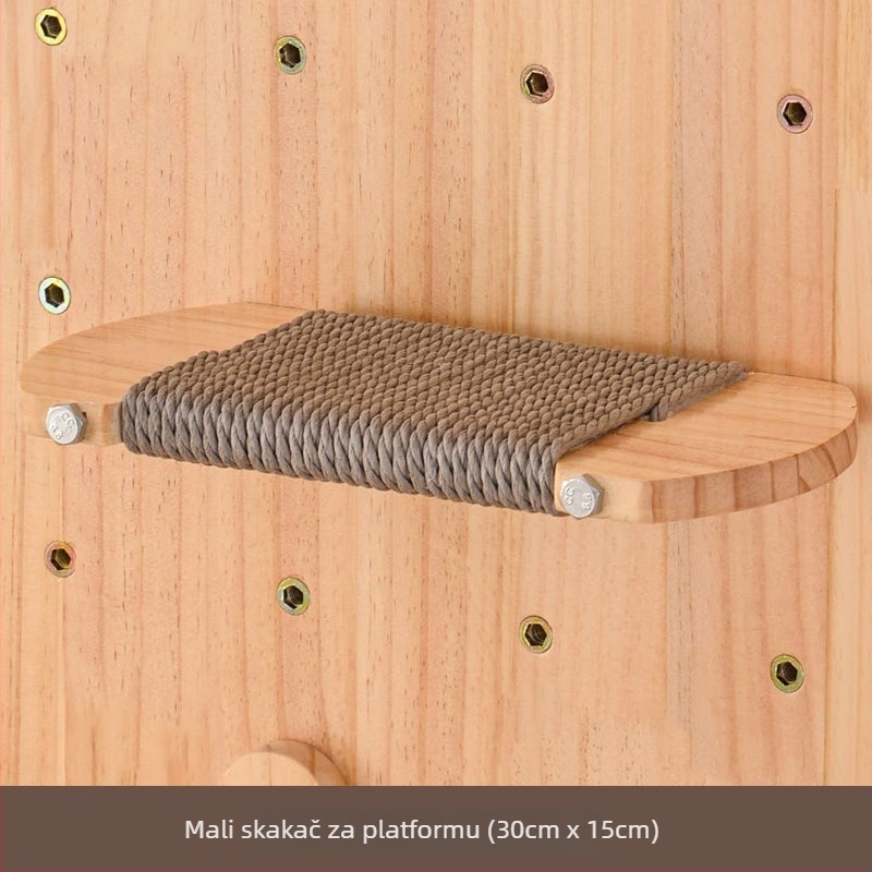 Drvena mačja zidna penjačica s integriranim skrovištem i policom, jednostavan stil, bez bušenja