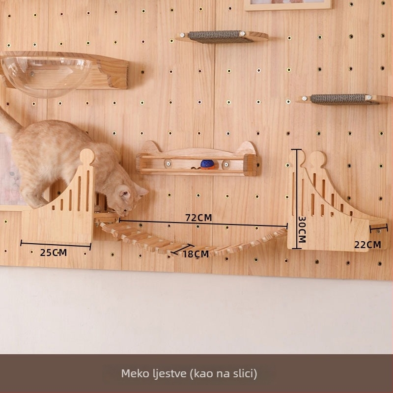 Drvena mačja zidna penjačica s integriranim skrovištem i policom, jednostavan stil, bez bušenja