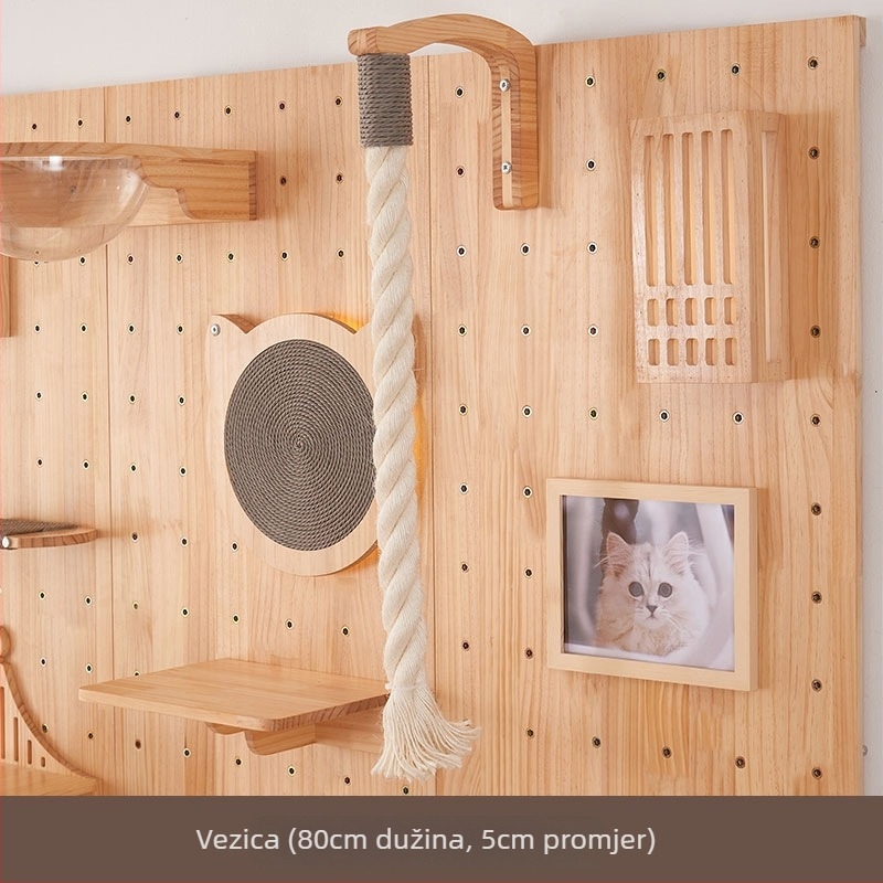 Drvena mačja zidna penjačica s integriranim skrovištem i policom, jednostavan stil, bez bušenja