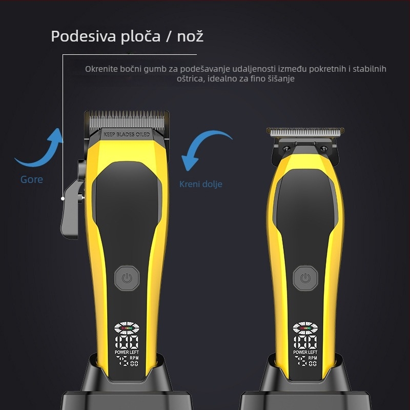 Električni kliper za kosu s digitalnim prikazom – ponovno punjiva ugrađena baterija, odvojive i perive oštrice od keramike i nehrđajućeg čelika, niska buka 46–70 dB