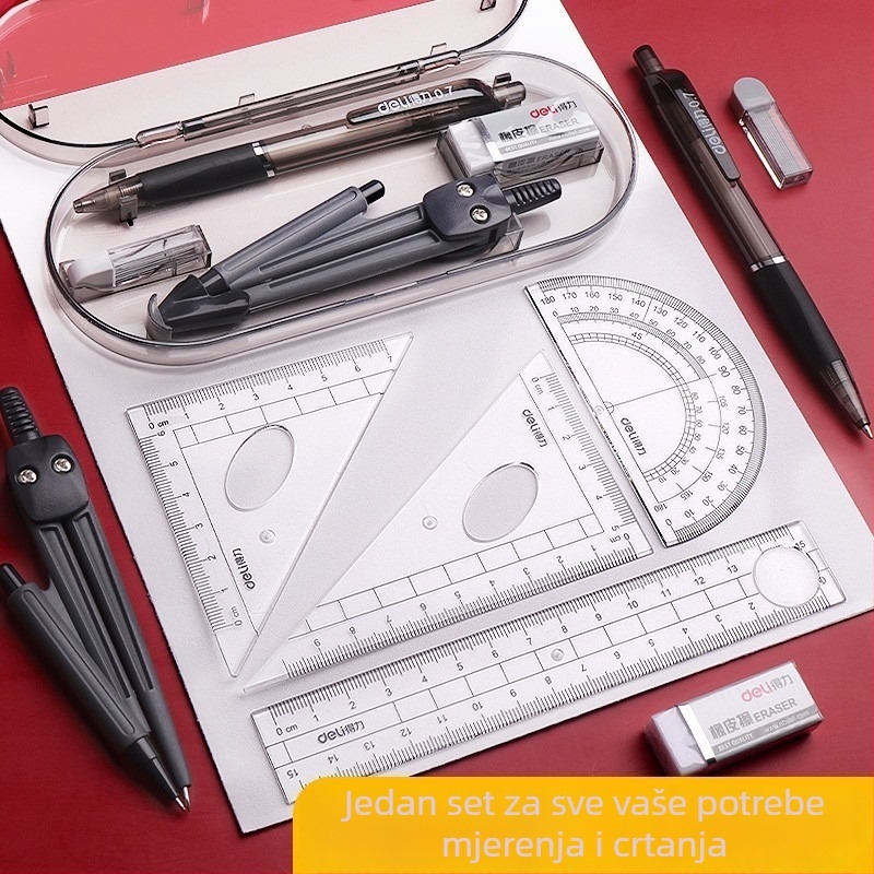 Set kompas i ravnalo – Deli, model 9591, plastika, 9 komada, pakiranje 1/12/144