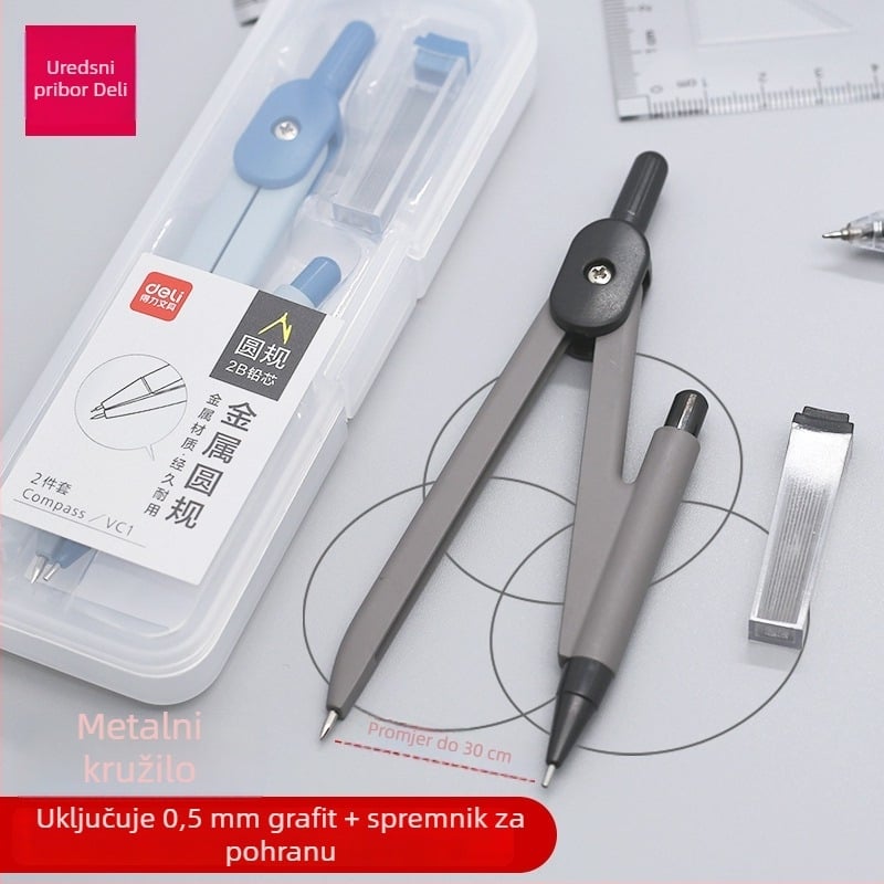 Deli VC1 metalni kompas set – školski alat za crtanje, 0,5 mm grafitno jezgro, 1 kutija