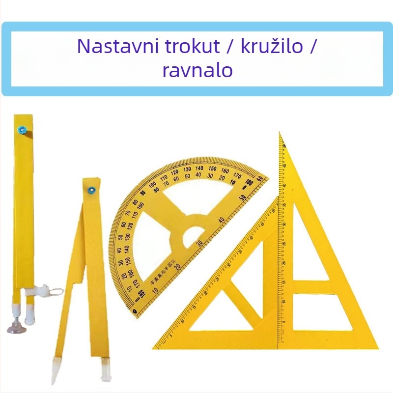 Naučni set od 4 dijela: trokutično ravnalo, kružilo, kutomjer i višenamjenski crtalo, materijal: ploča gustoće