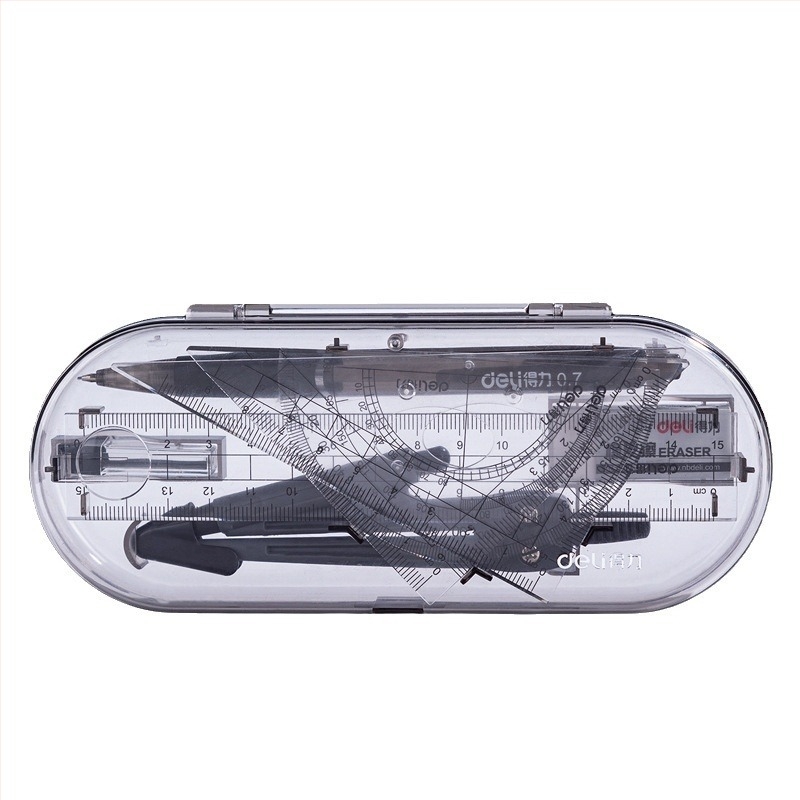 Deli 9591 Skup kompas i ravnalo — PS+ABS, uključuje 15 cm ravnalo, 180° kutomjer, 30°/45° pravokutni trokuti, gumica i mehanička olovka