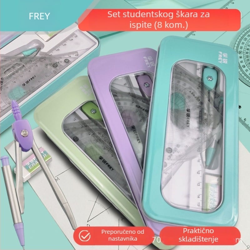 Učenički set alata za crtanje: šestar, kutomjer, trokut i ravnalo; od aluminijske legure, Fruy brend, modeli 6801/6802