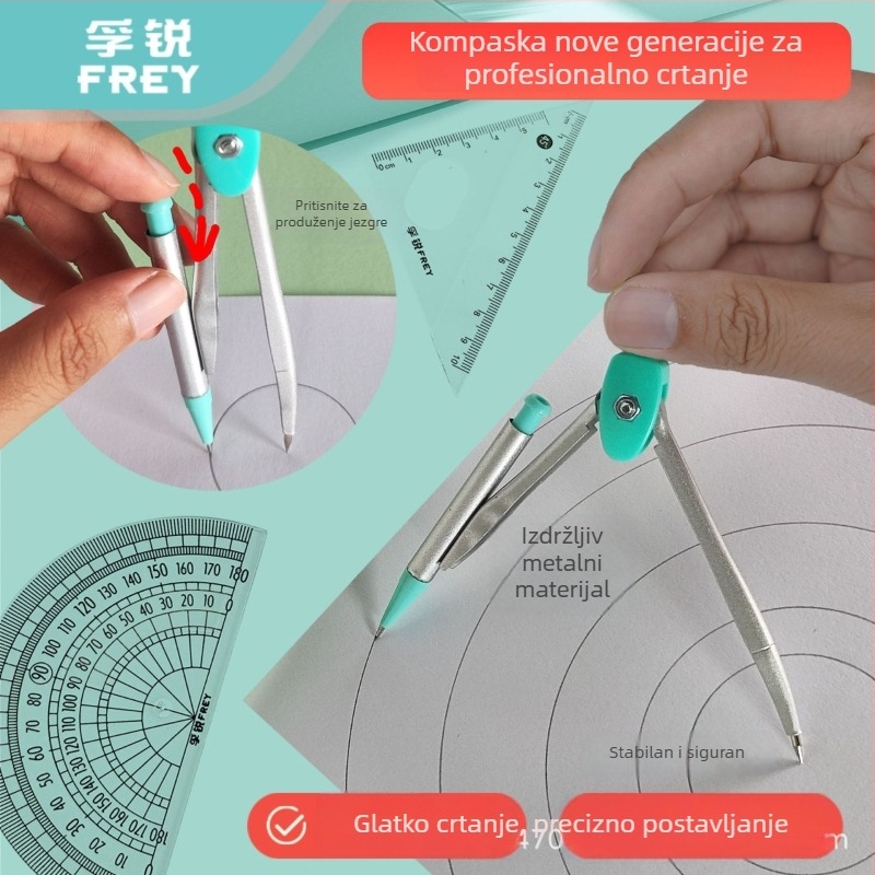 Učenički set alata za crtanje: šestar, kutomjer, trokut i ravnalo; od aluminijske legure, Fruy brend, modeli 6801/6802