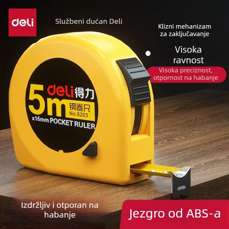 Deli 8203 čelična mjerna traka, 5 m – mjerni alat za crtanje i kućnu upotrebu