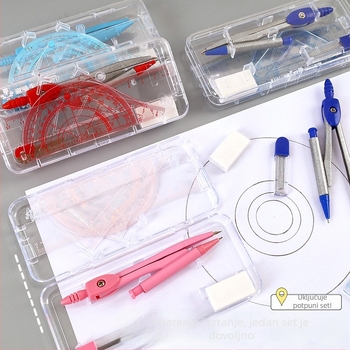 Sedmeročlani set geometrijskih alata za učenike — Travel, model a1318, plastični materijal, 200 komada po kartonu
