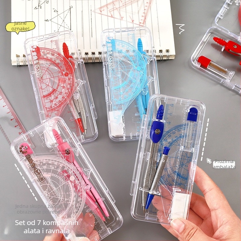 Sedmeročlani set geometrijskih alata za učenike — Travel, model a1318, plastični materijal, 200 komada po kartonu