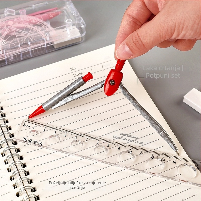 Sedmeročlani set geometrijskih alata za učenike — Travel, model a1318, plastični materijal, 200 komada po kartonu