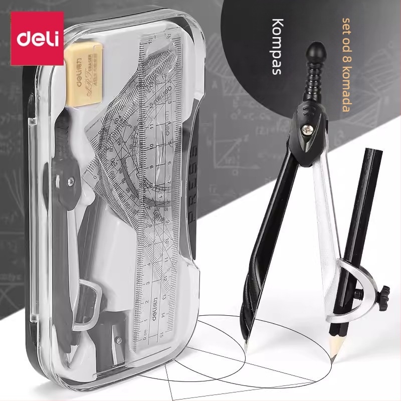 Deli 72151 osmeročlani set kompasa za učenike, alati za crtanje, od cinkovog legura i PS plastike