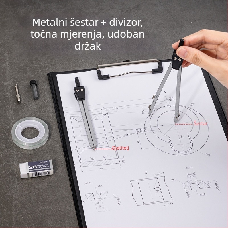 DELI 72156 Set strojnog crtanja — metalni, set alata s kružilom