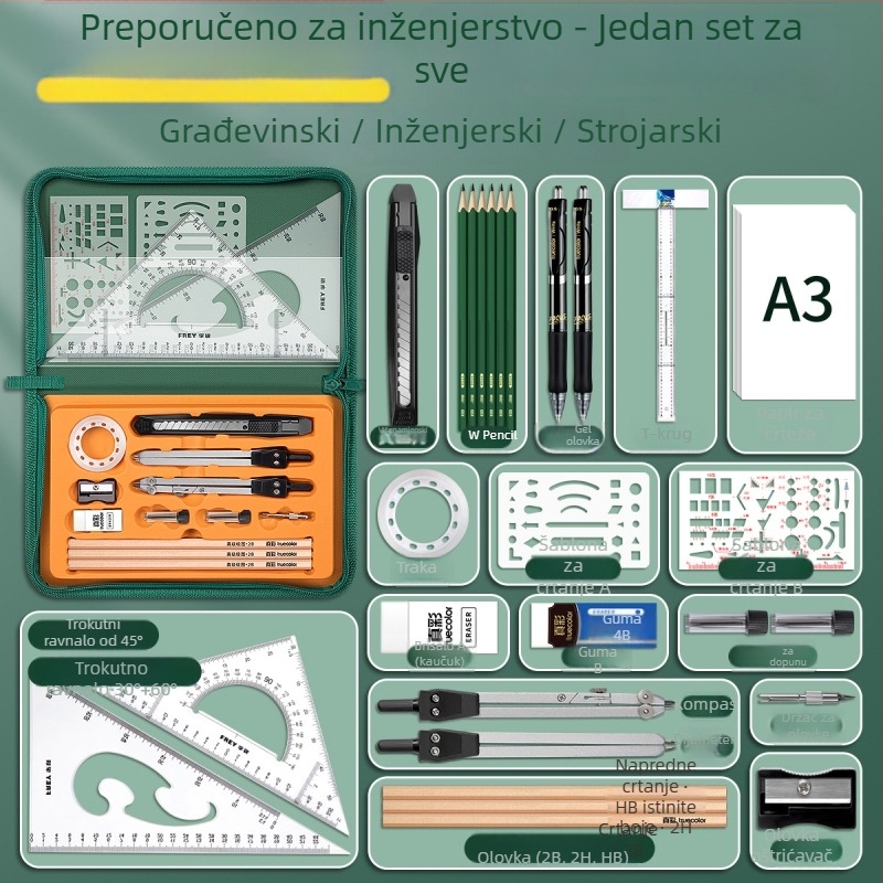 23-djelni metalni set za mehaničko crtanje za građevinsko-inženjersko i arhitektonsko crtanje