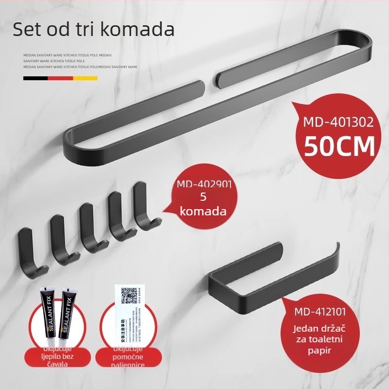 Držač za ručnike s jednim šipkom — bez bušenja, aluminijski spoj, oksidirani premaz, nosivost 30 kg, nordični moderni stil