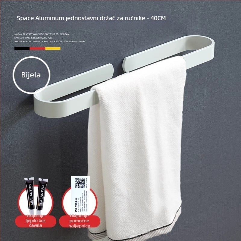 Držač za ručnike s jednim šipkom — bez bušenja, aluminijski spoj, oksidirani premaz, nosivost 30 kg, nordični moderni stil