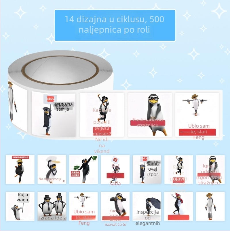 Paket naljepnica s pingvinima emotikonima, 500 komada, 14 listova, 50 g, tisak