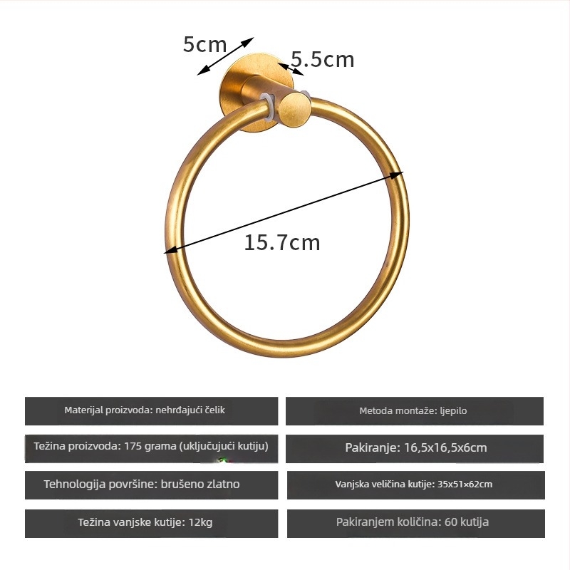 Set držača za ručnike od nehrđajućeg čelika bez bušenja – nosivost 10 kg, uključuje držač za ručnike, prsten, jednoručnu šipku, kukicu i držač papirnate maramice