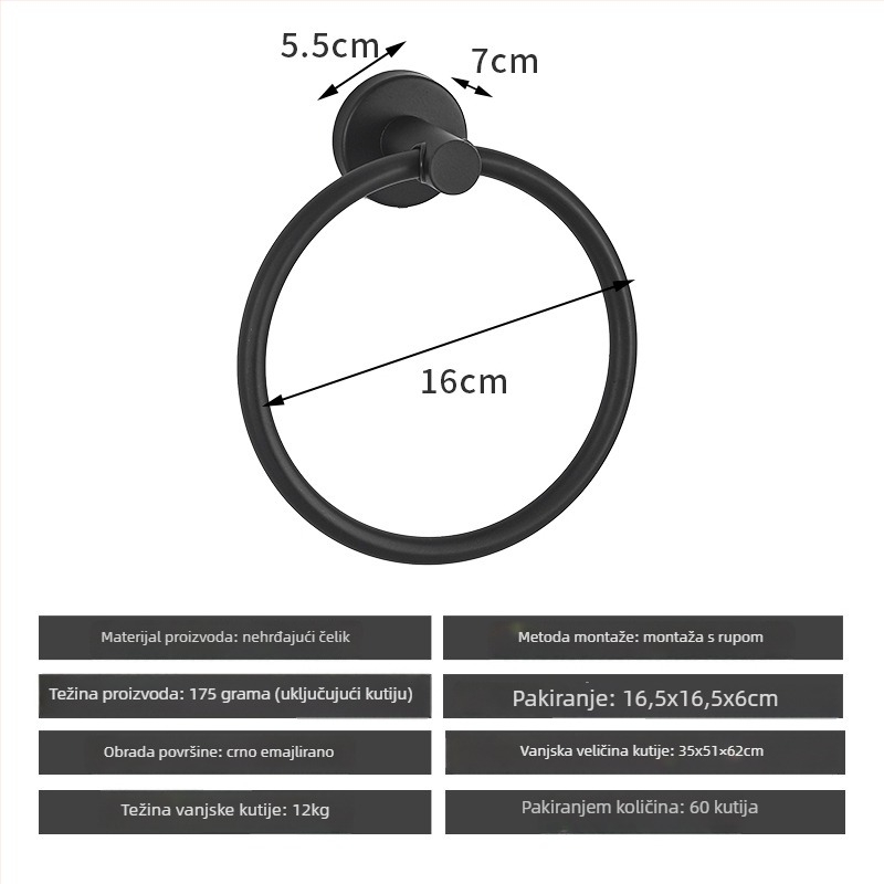 Set držača za ručnike od nehrđajućeg čelika bez bušenja – nosivost 10 kg, uključuje držač za ručnike, prsten, jednoručnu šipku, kukicu i držač papirnate maramice